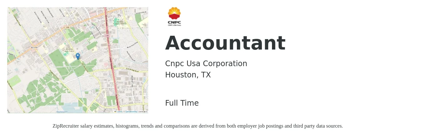 Cnpc Usa Corporation job posting for a Accountant in Houston, TX with a salary of $51,800 to $76,100 Yearly with a map of Houston location.