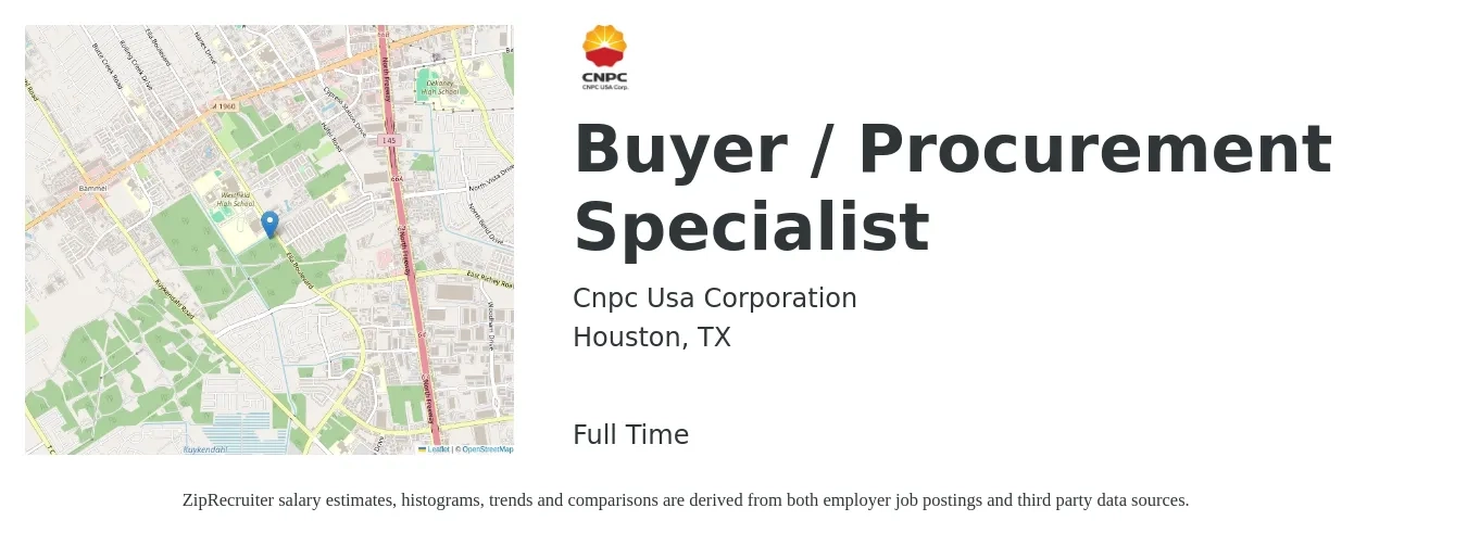 Cnpc Usa Corporation job posting for a Buyer / Procurement Specialist in Houston, TX with a salary of $24 to $37 Hourly with a map of Houston location.