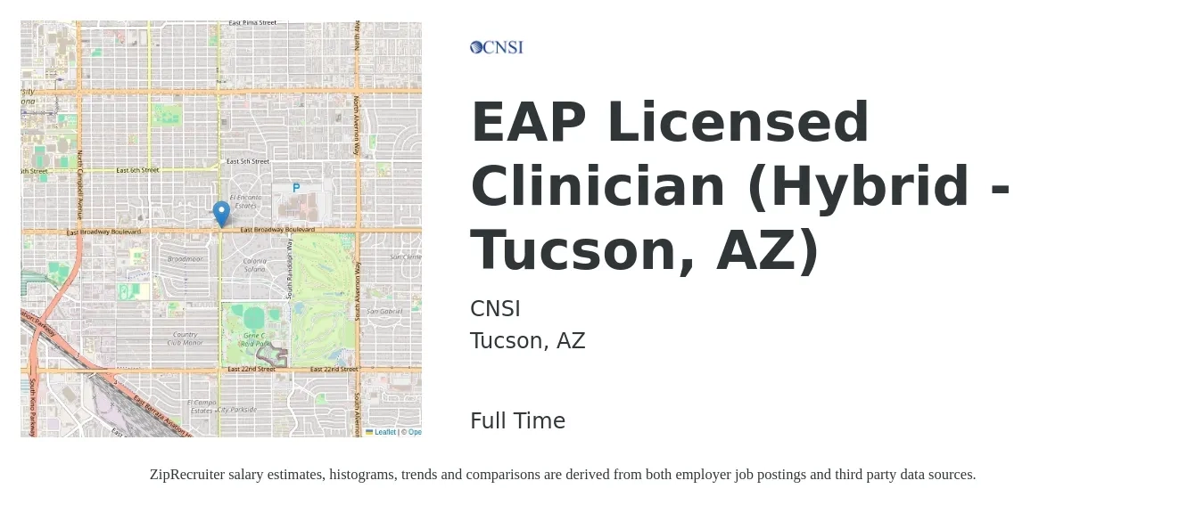 CNSI job posting for a EAP Licensed Clinician (Hybrid - Tucson, AZ) in Tucson, AZ with a salary of $53,700 to $72,500 Yearly with a map of Tucson location.