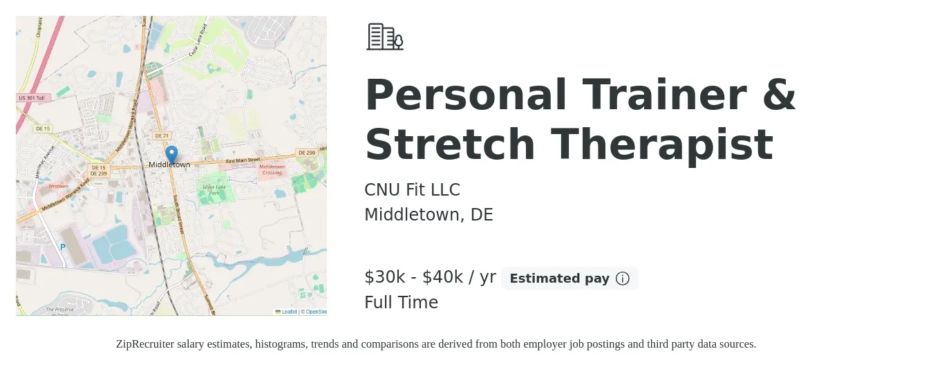 CNU Fit LLC job posting for a Personal Trainer & Stretch Therapist in Middletown, DE with a salary of $30,000 to $40,000 Yearly with a map of Middletown location.
