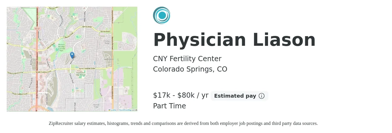 CNY Fertility Center job posting for a Physician Liason in Colorado Springs, CO with a salary of $17,500 to $80,000 Yearly with a map of Colorado Springs location.