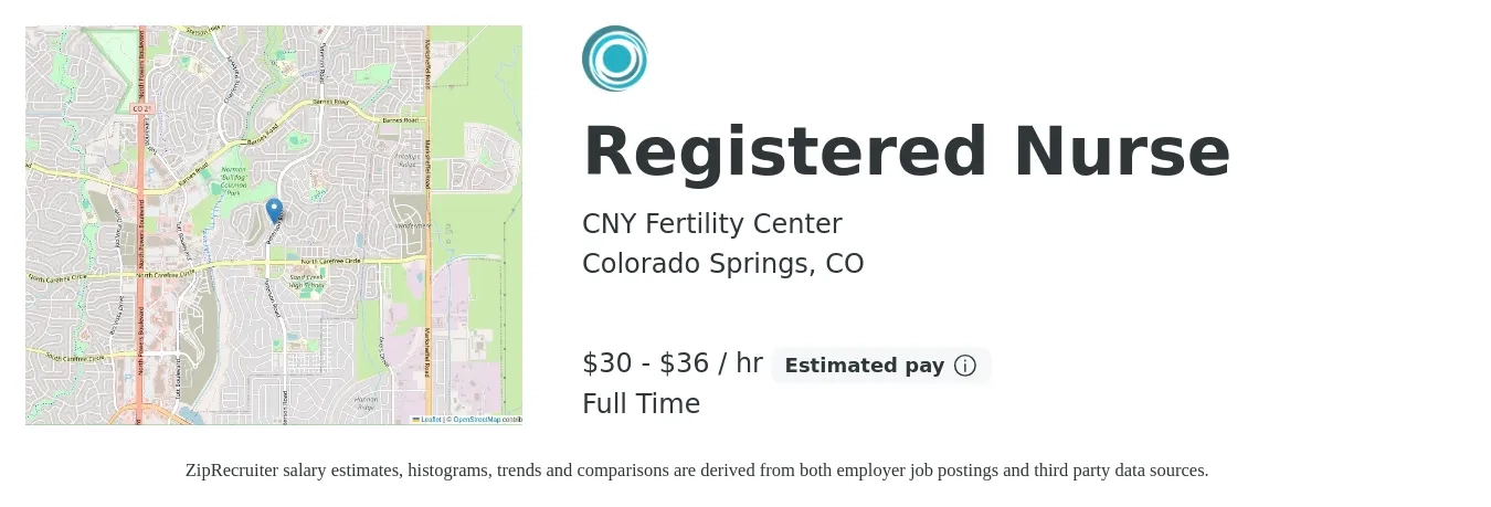 CNY Fertility Center job posting for a Registered Nurse in Colorado Springs, CO with a salary of $32 to $38 Hourly with a map of Colorado Springs location.