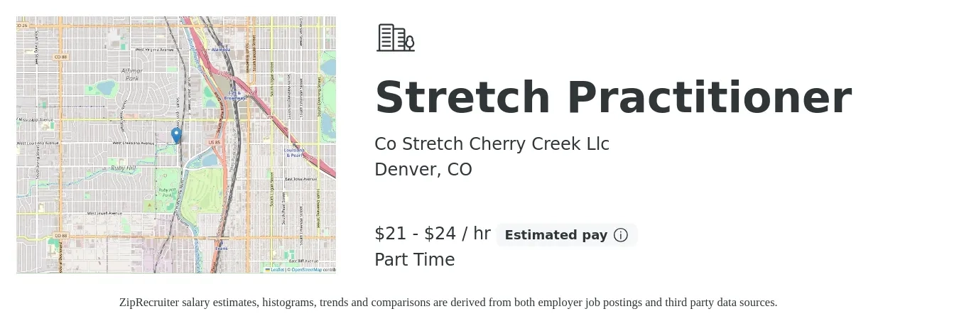 Co Stretch Cherry Creek Llc job posting for a Stretch Practitioner in Denver, CO with a salary of $22 to $25 Hourly with a map of Denver location.