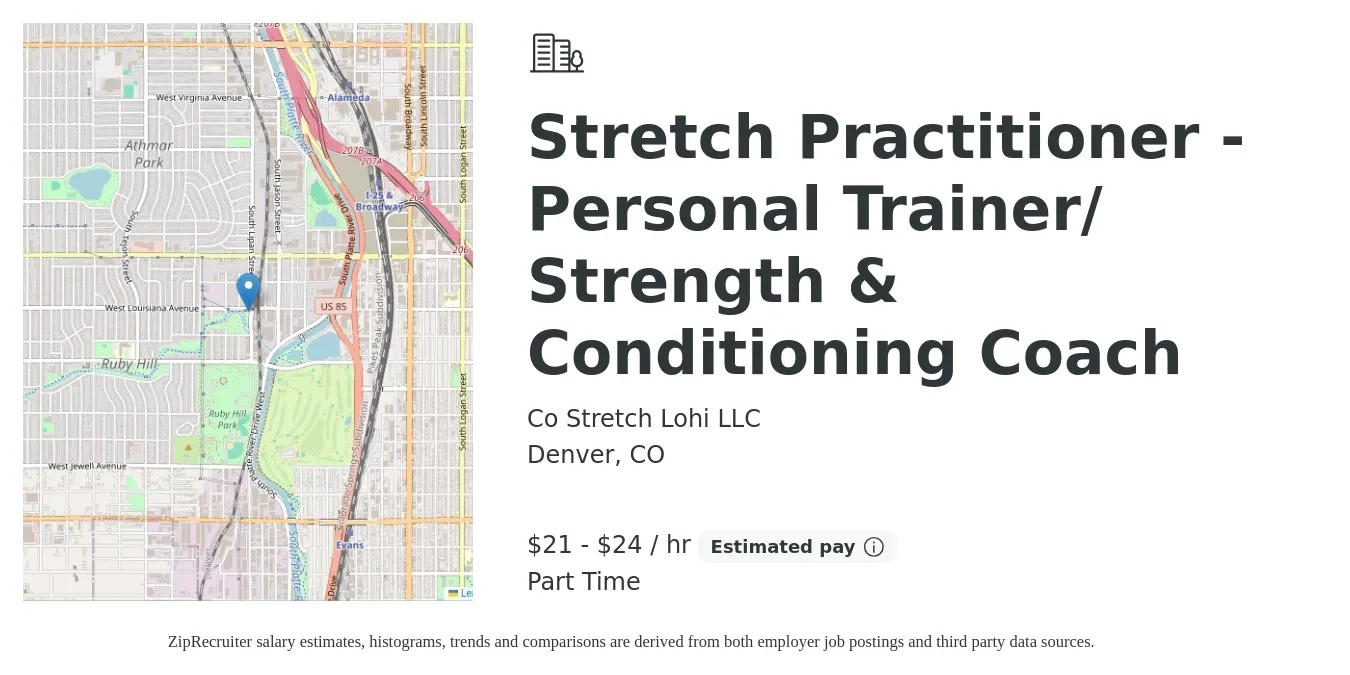 Co Stretch Lohi LLC job posting for a Stretch Practitioner - Personal Trainer/ Strength & Conditioning Coach in Denver, CO with a salary of $22 to $25 Hourly with a map of Denver location.
