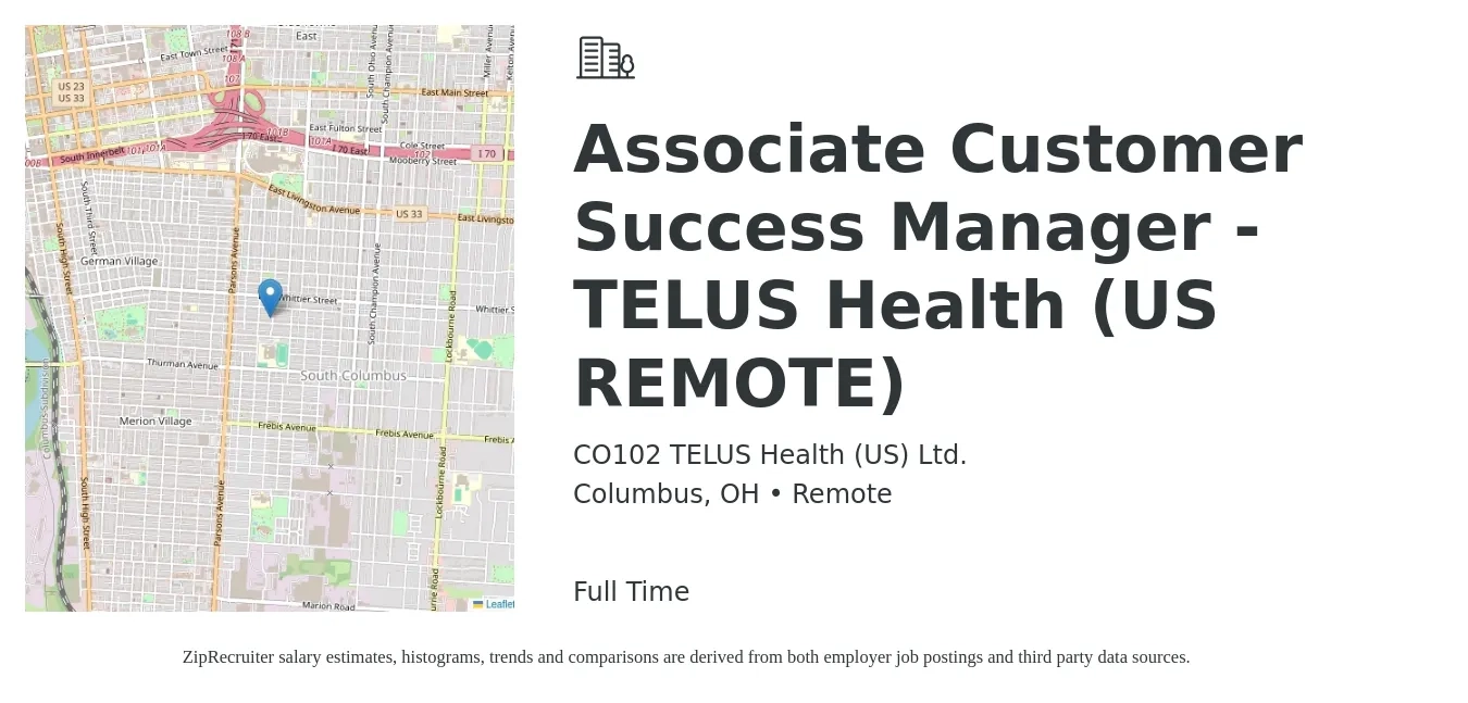 CO102 TELUS Health (US) Ltd. job posting for a Associate Customer Success Manager - TELUS Health (US REMOTE) in Columbus, OH with a salary of $36,700 to $63,300 Yearly with a map of Columbus location.
