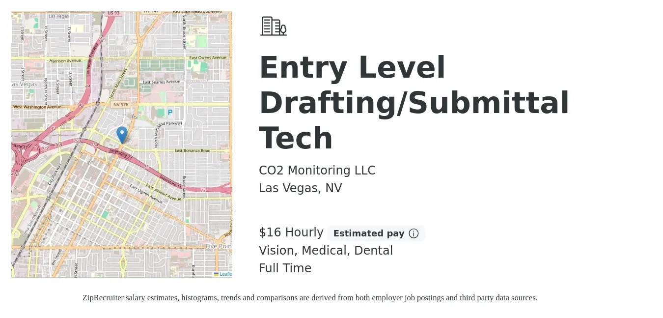 CO2 Monitoring LLC job posting for a Entry Level Drafting/Submittal Tech in Las Vegas, NV with a salary of $17 Hourly and benefits including retirement, vision, dental, and medical with a map of Las Vegas location.