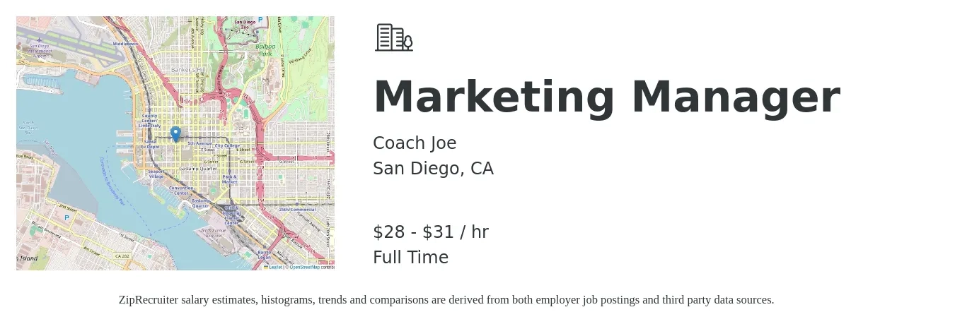 Coach Joe job posting for a Marketing Manager in San Diego, CA with a salary of $30 to $33 Hourly with a map of San Diego location.