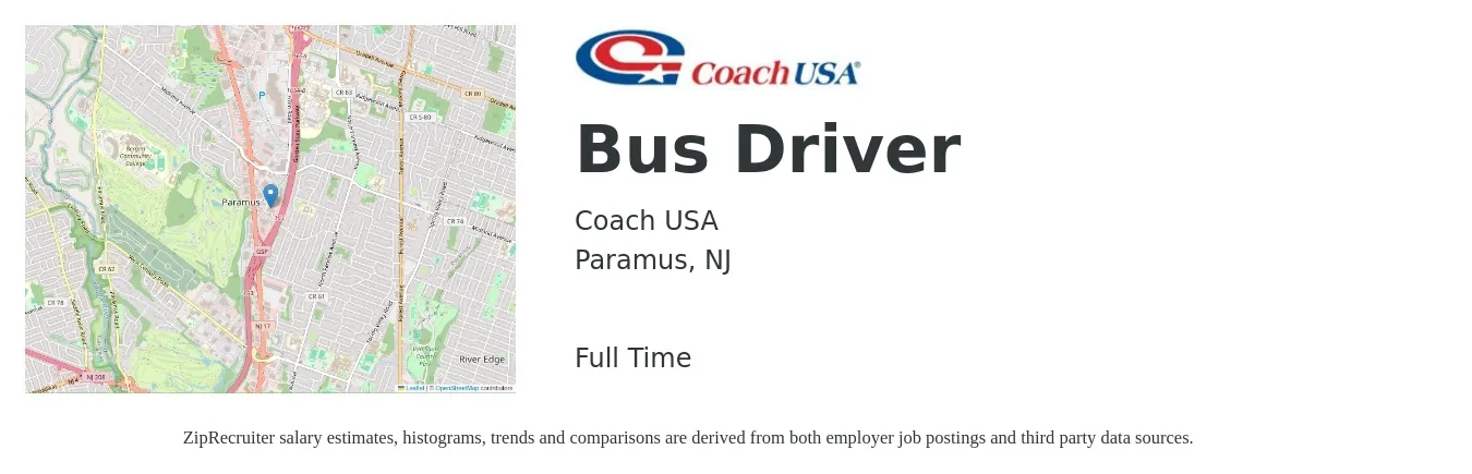 Coach USA job posting for a Bus Driver in Paramus, NJ with a salary of $350 Daily with a map of Paramus location.