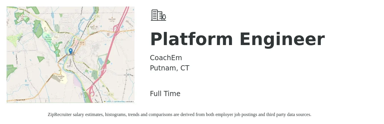 CoachEm job posting for a Platform Engineer in Putnam, CT with a salary of $53 to $78 Hourly with a map of Putnam location.