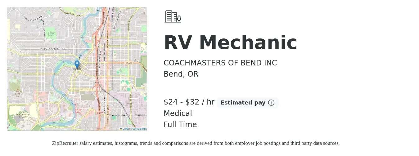 COACHMASTERS OF BEND INC job posting for a RV Mechanic in Bend, OR with a salary of $25 to $34 Hourly and benefits including medical, pto, and retirement with a map of Bend location.