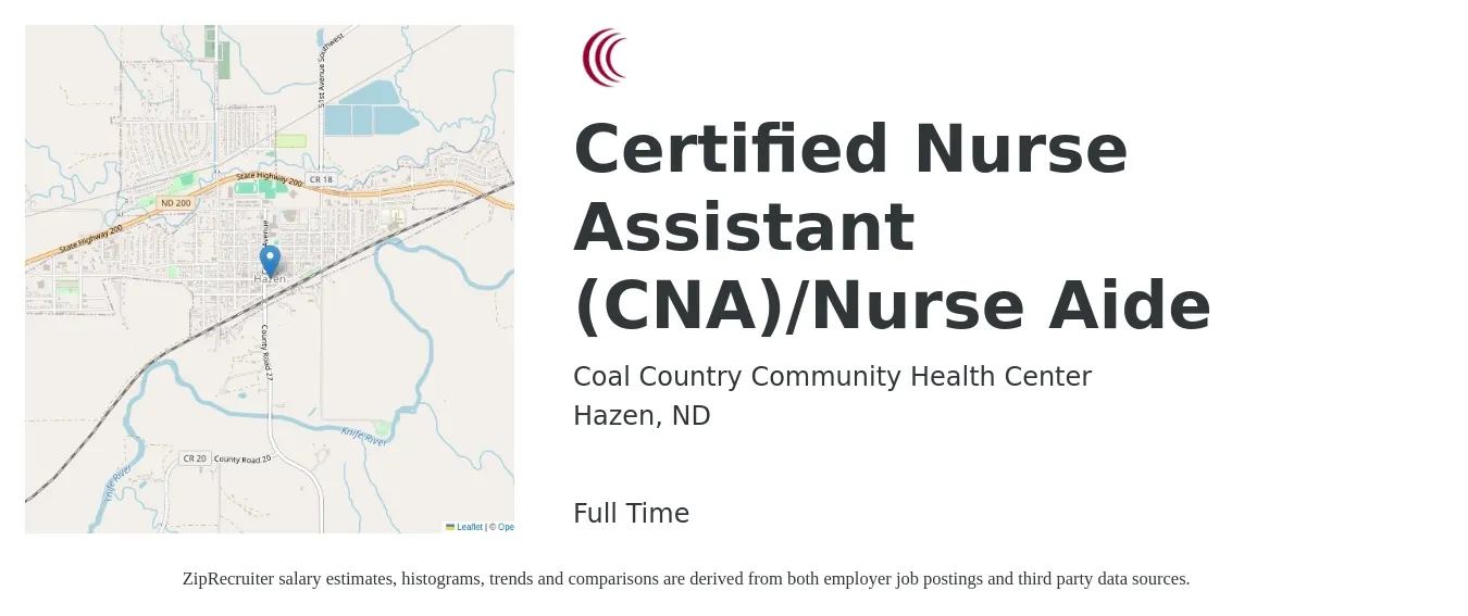 Coal Country Community Health Center job posting for a Certified Nurse Assistant (CNA)/Nurse Aide in Hazen, ND with a salary of $14 to $20 Hourly with a map of Hazen location.