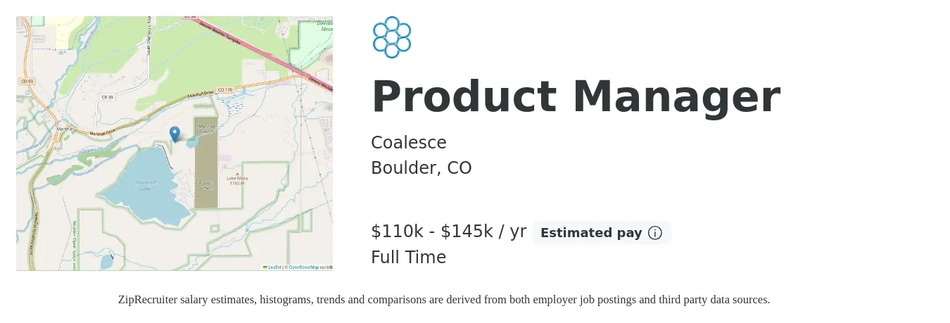 Coalesce job posting for a Product Manager in Boulder, CO with a salary of $110,000 to $145,000 Yearly with a map of Boulder location.