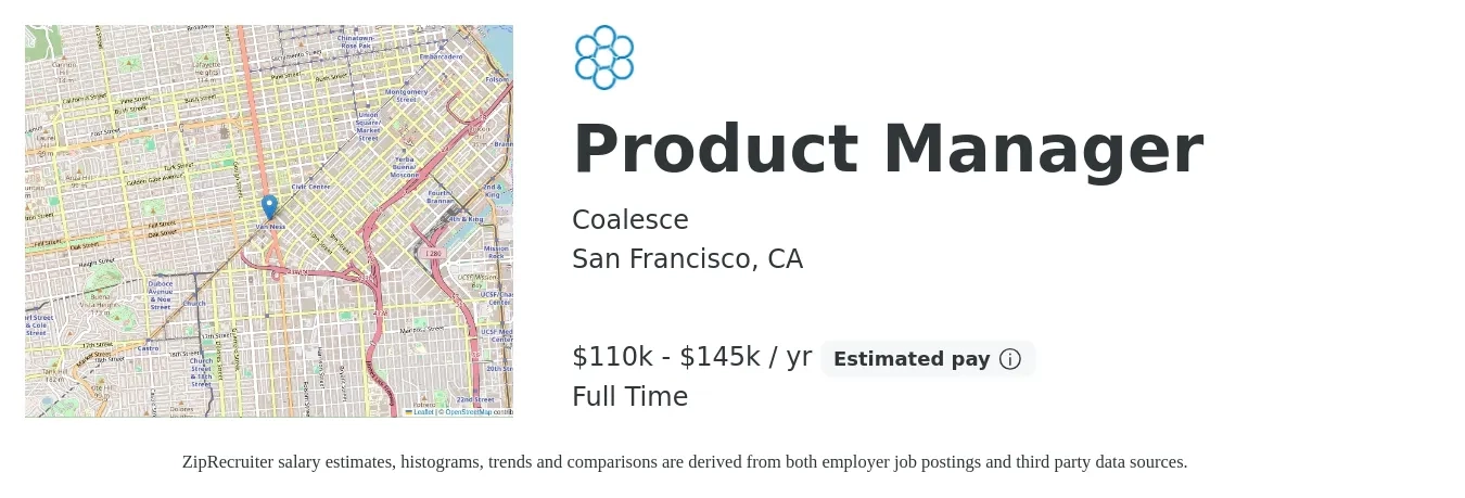 Coalesce job posting for a Product Owner in San Francisco, CA with a salary of $110,000 to $145,000 Yearly with a map of San Francisco location.