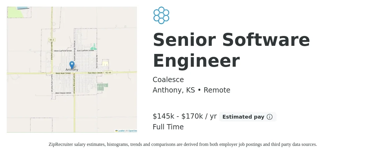 Coalesce job posting for a Senior Software Engineer in Anthony, KS with a salary of $145,000 to $170,000 Yearly with a map of Anthony location.