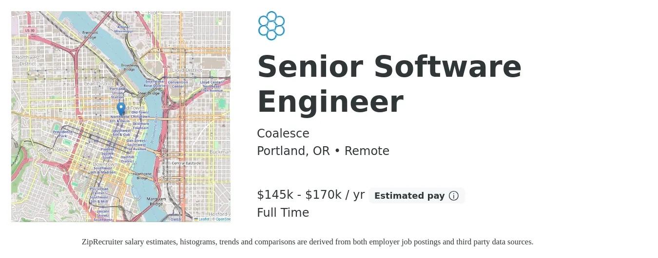 Coalesce job posting for a Senior Software Engineer in Portland, OR with a salary of $145,000 to $170,000 Yearly with a map of Portland location.