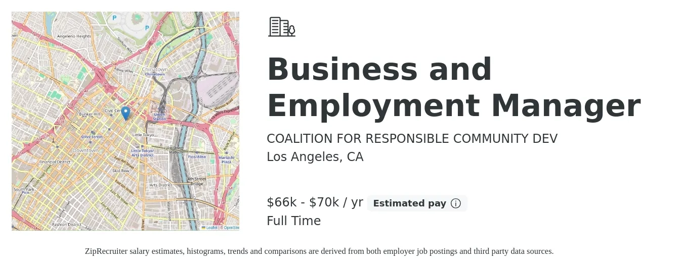 COALITION FOR RESPONSIBLE COMMUNITY DEV job posting for a Business and Employment Manager in Los Angeles, CA with a salary of $64,480 to $70,000 Yearly with a map of Los Angeles location.