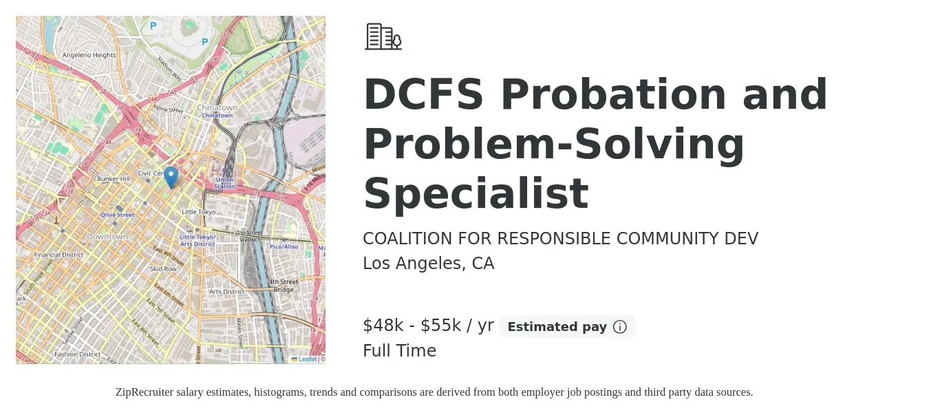 COALITION FOR RESPONSIBLE COMMUNITY DEV job posting for a DCFS Probation and Problem-Solving Specialist in Los Angeles, CA with a salary of $48,000 to $55,000 Yearly with a map of Los Angeles location.