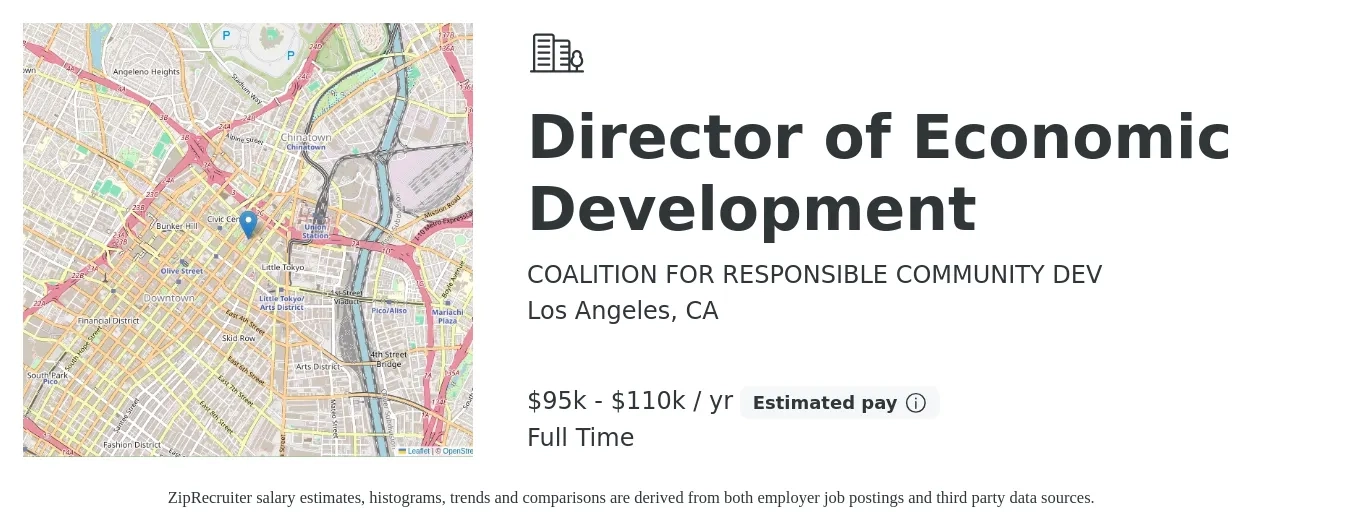 COALITION FOR RESPONSIBLE COMMUNITY DEV job posting for a Director of Economic Development in Los Angeles, CA with a salary of $95,000 to $150,000 Yearly with a map of Los Angeles location.