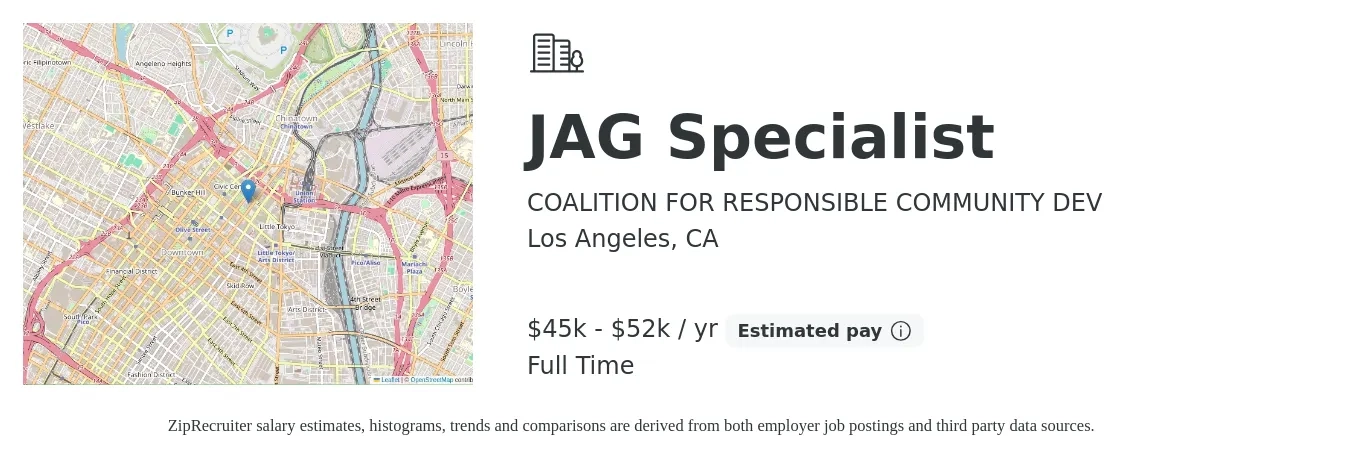 COALITION FOR RESPONSIBLE COMMUNITY DEV job posting for a JAG Specialist in Los Angeles, CA with a salary of $45,000 to $52,000 Yearly with a map of Los Angeles location.
