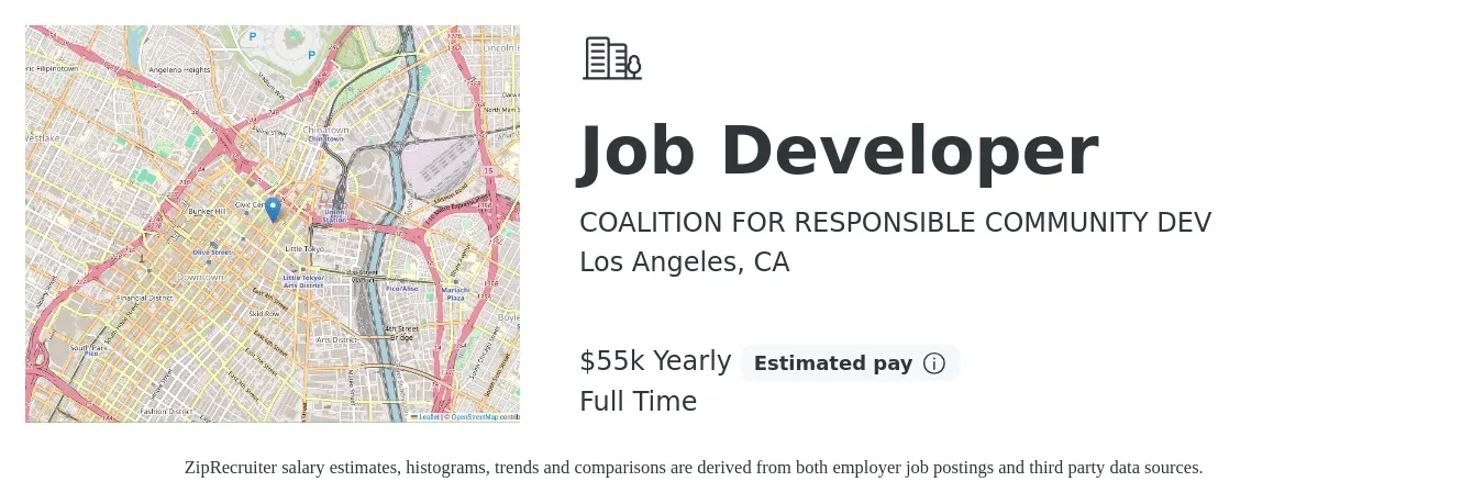 COALITION FOR RESPONSIBLE COMMUNITY DEV job posting for a Job Developer in Los Angeles, CA with a salary of $55,000 Yearly with a map of Los Angeles location.