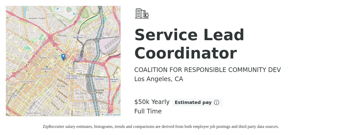 COALITION FOR RESPONSIBLE COMMUNITY DEV job posting for a Service Lead Coordinator in Los Angeles, CA with a salary of $50,000 Yearly with a map of Los Angeles location.