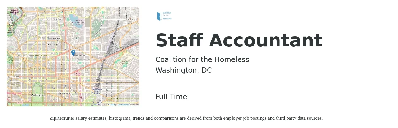 Coalition for the Homeless job posting for a Staff Accountant in Washington, DC with a salary of $62,300 to $82,100 Yearly with a map of Washington location.