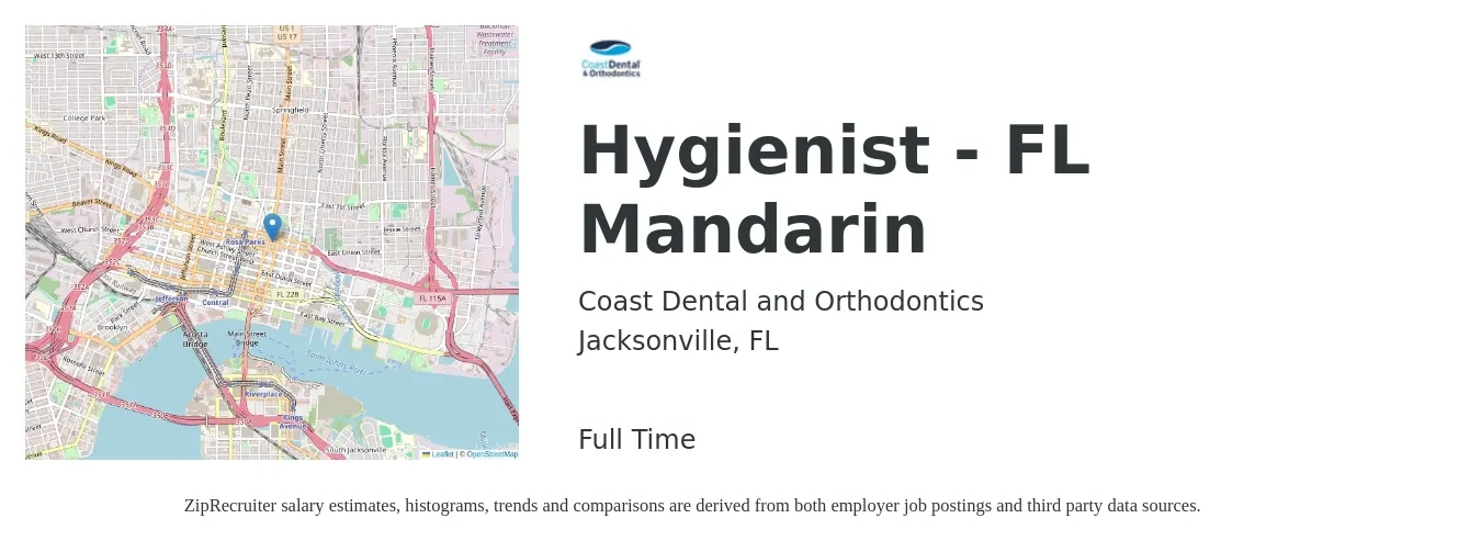 Coast Dental and Orthodontics job posting for a Hygienist - FL Mandarin in Jacksonville, FL with a salary of $35 to $46 Hourly with a map of Jacksonville location.