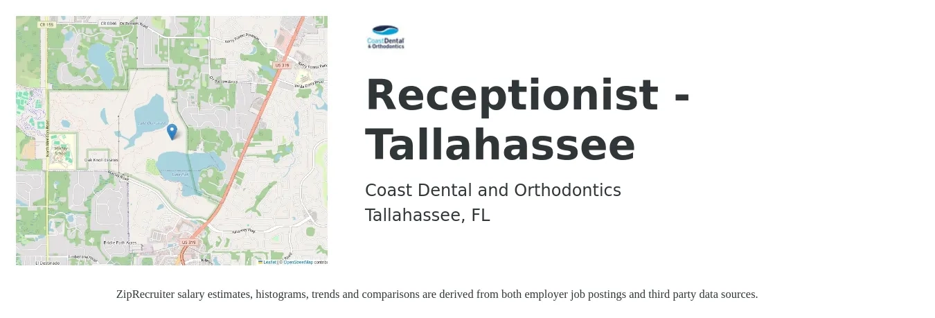 Coast Dental and Orthodontics job posting for a Receptionist - Tallahassee in Tallahassee, FL with a salary of $14 to $18 Hourly with a map of Tallahassee location.