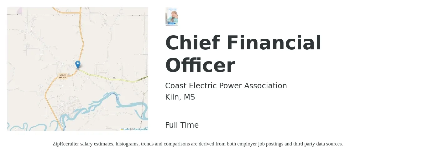 Coast Electric Power Association job posting for a Chief Financial Officer in Kiln, MS with a salary of $112,600 to $319,300 Yearly with a map of Kiln location.