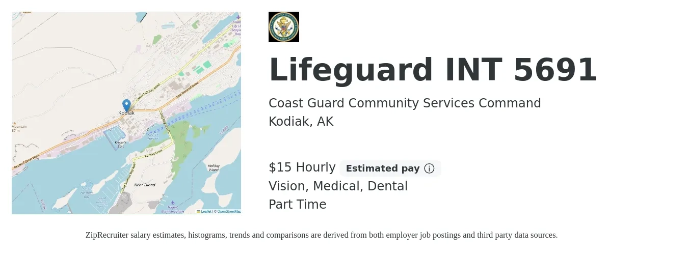 Coast Guard Community Services Command job posting for a Lifeguard INT 5691 in Kodiak, AK with a salary of $16 Hourly and benefits including vision, dental, life_insurance, medical, pto, and retirement with a map of Kodiak location.