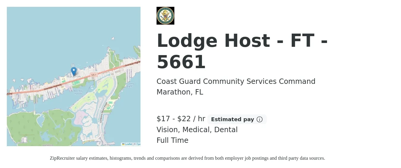 Coast Guard Community Services Command job posting for a Lodge Host - FT - 5661 in Marathon, FL with a salary of $18 to $23 Hourly and benefits including retirement, vision, dental, life_insurance, medical, and pto with a map of Marathon location.