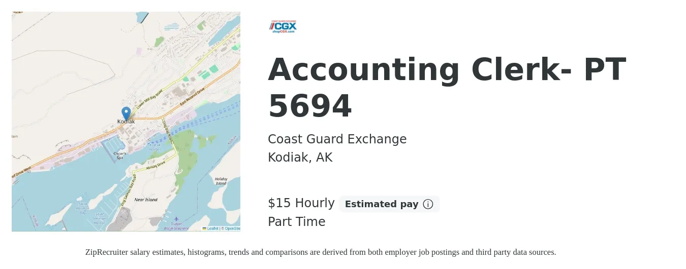 Coast Guard Exchange job posting for a Accounting Clerk- PT 5694 in Kodiak, AK with a salary of $16 Hourly with a map of Kodiak location.