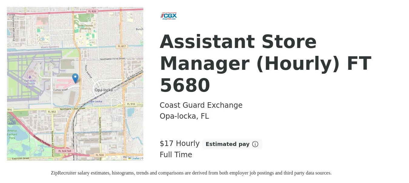 Coast Guard Exchange job posting for a Assistant Store Manager (Hourly) FT 5680 in Opa-locka, FL with a salary of $18 Hourly with a map of Opa-locka location.