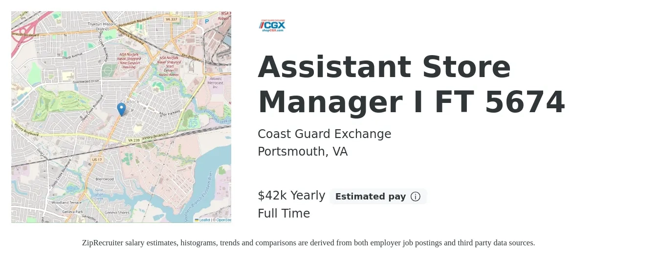 Coast Guard Exchange job posting for a Assistant Store Manager I FT 5674 in Portsmouth, VA with a salary of $42,578 Yearly with a map of Portsmouth location.
