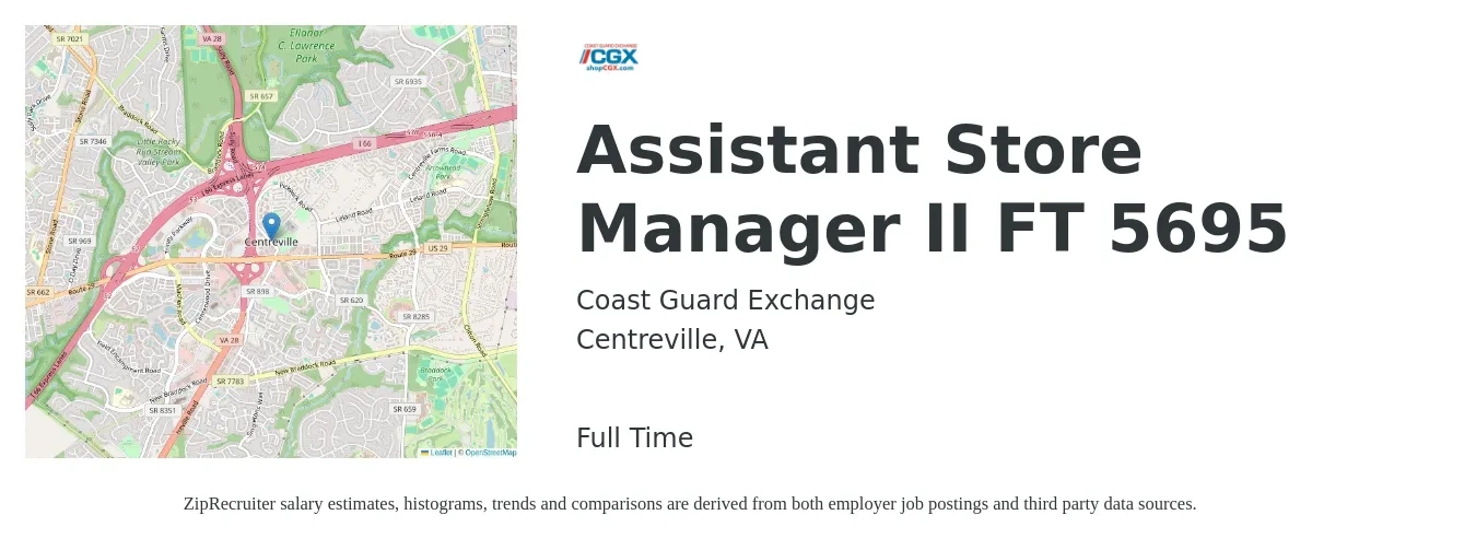 Coast Guard Exchange job posting for a Assistant Store Manager II FT 5695 in Centreville, VA with a salary of $16 to $22 Hourly with a map of Centreville location.