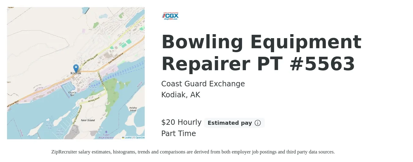 Coast Guard Exchange job posting for a Bowling Equipment Repairer PT #5563 in Kodiak, AK with a salary of $21 Hourly with a map of Kodiak location.