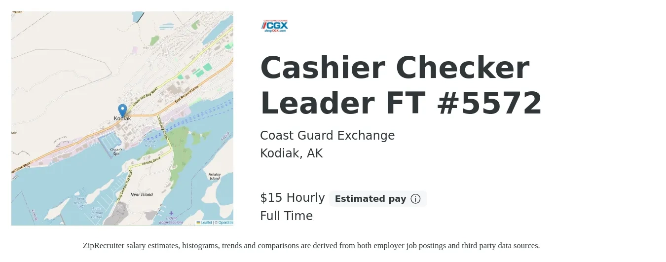Coast Guard Exchange job posting for a Cashier Checker Leader FT #5572 in Kodiak, AK with a salary of $16 Hourly with a map of Kodiak location.