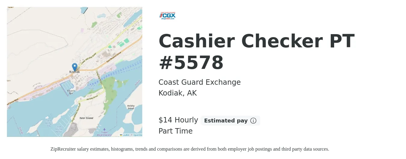 Coast Guard Exchange job posting for a Cashier Checker PT #5578 in Kodiak, AK with a salary of $15 Hourly with a map of Kodiak location.