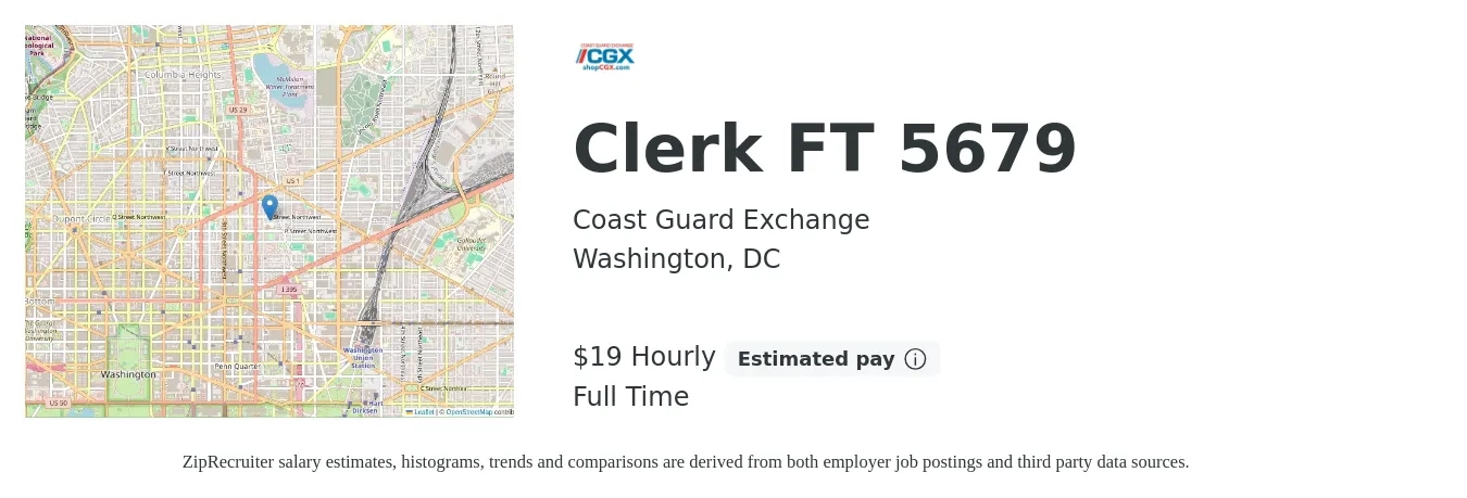 Coast Guard Exchange job posting for a Clerk FT 5679 in Washington, DC with a salary of $20 Hourly with a map of Washington location.