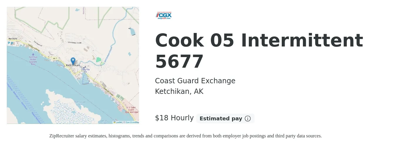 Coast Guard Exchange job posting for a Cook 05 Intermittent 5677 in Ketchikan, AK with a salary of $19 Hourly with a map of Ketchikan location.