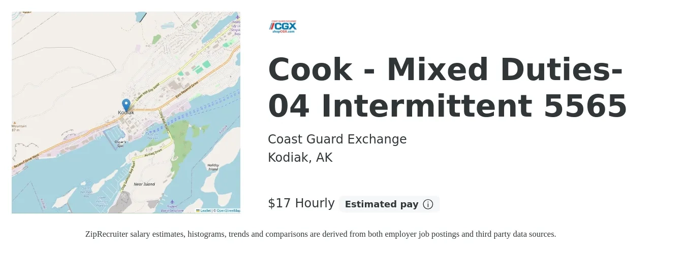 Coast Guard Exchange job posting for a Cook - Mixed Duties-04 Intermittent 5565 in Kodiak, AK with a salary of $19 Hourly with a map of Kodiak location.