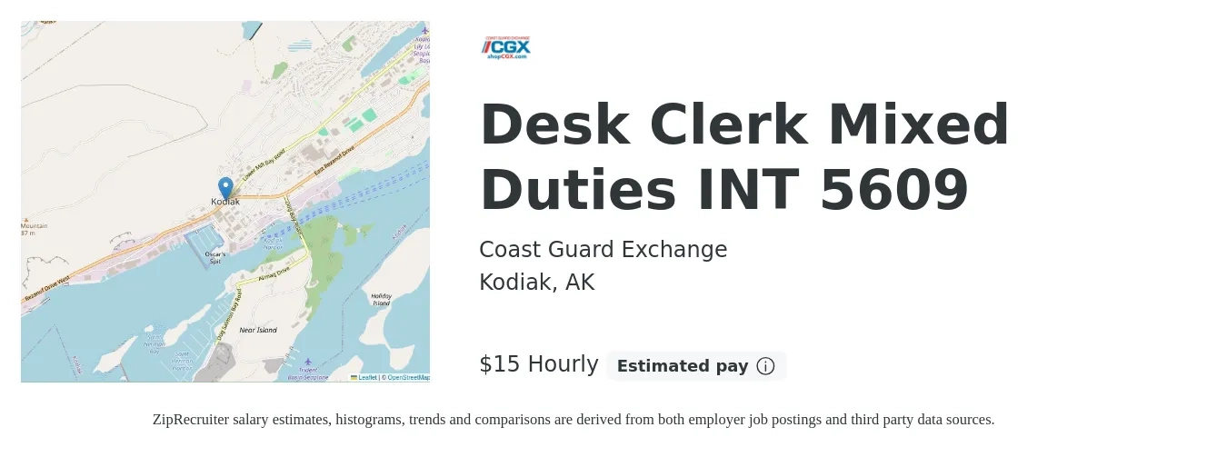 Coast Guard Exchange job posting for a Desk Clerk Mixed Duties INT 5609 in Kodiak, AK with a salary of $16 Hourly with a map of Kodiak location.