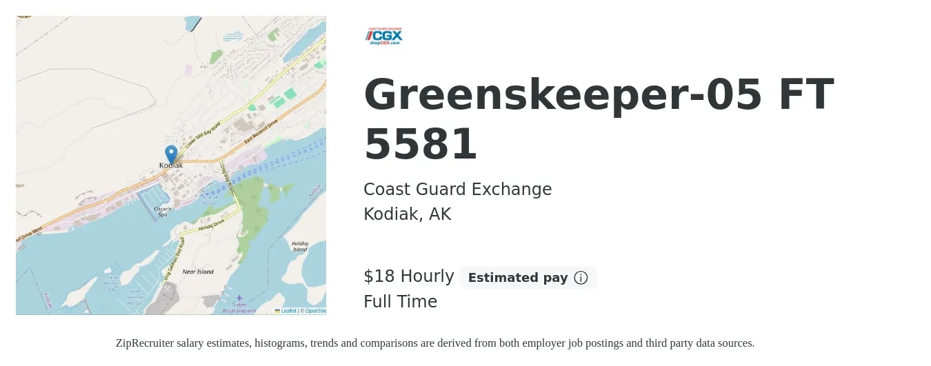 Coast Guard Exchange job posting for a Greenskeeper-05 FT 5581 in Kodiak, AK with a salary of $19 Hourly with a map of Kodiak location.