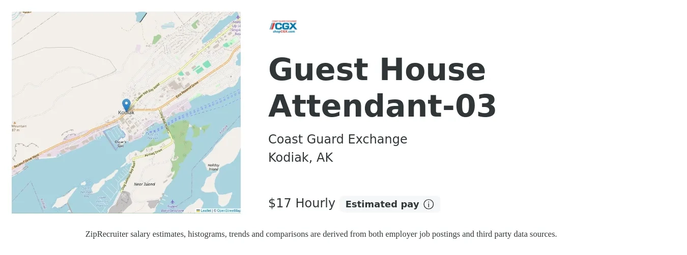 Coast Guard Exchange job posting for a Guest House Attendant-03 in Kodiak, AK with a salary of $18 Hourly with a map of Kodiak location.