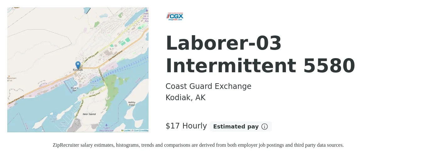 Coast Guard Exchange job posting for a Laborer-03 Intermittent 5580 in Kodiak, AK with a salary of $18 Hourly with a map of Kodiak location.