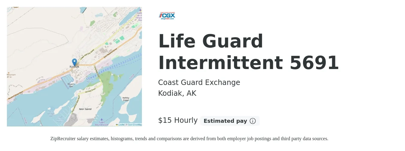 Coast Guard Exchange job posting for a Life Guard Intermittent 5691 in Kodiak, AK with a salary of $16 Hourly with a map of Kodiak location.