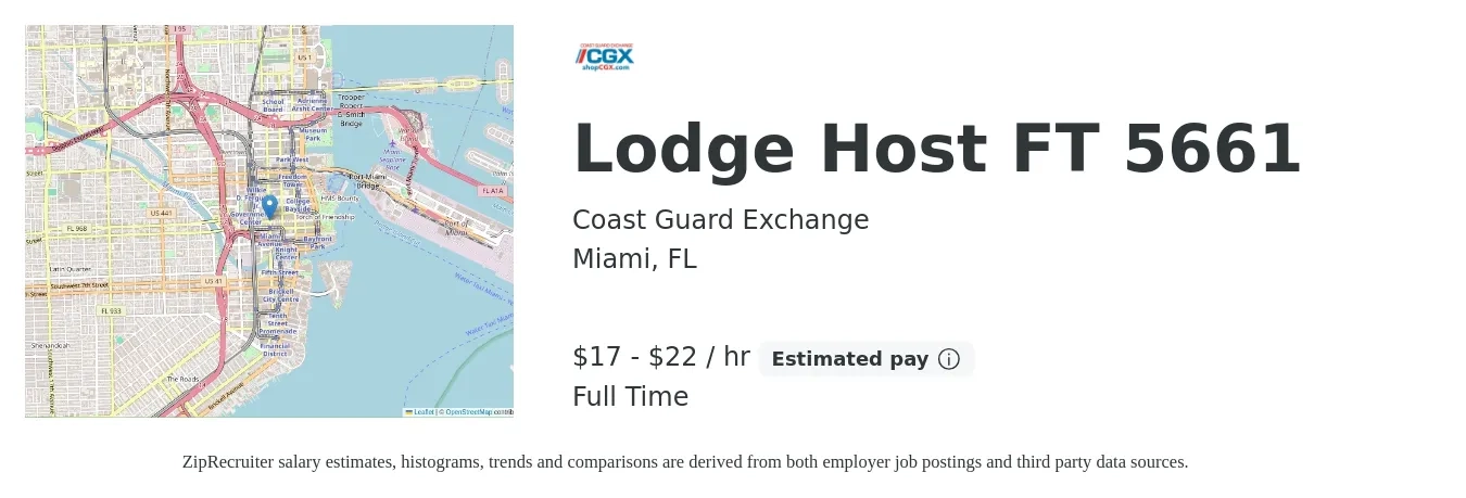 Coast Guard Exchange job posting for a Lodge Host FT 5661 in Miami, FL with a salary of $18 to $23 Hourly with a map of Miami location.