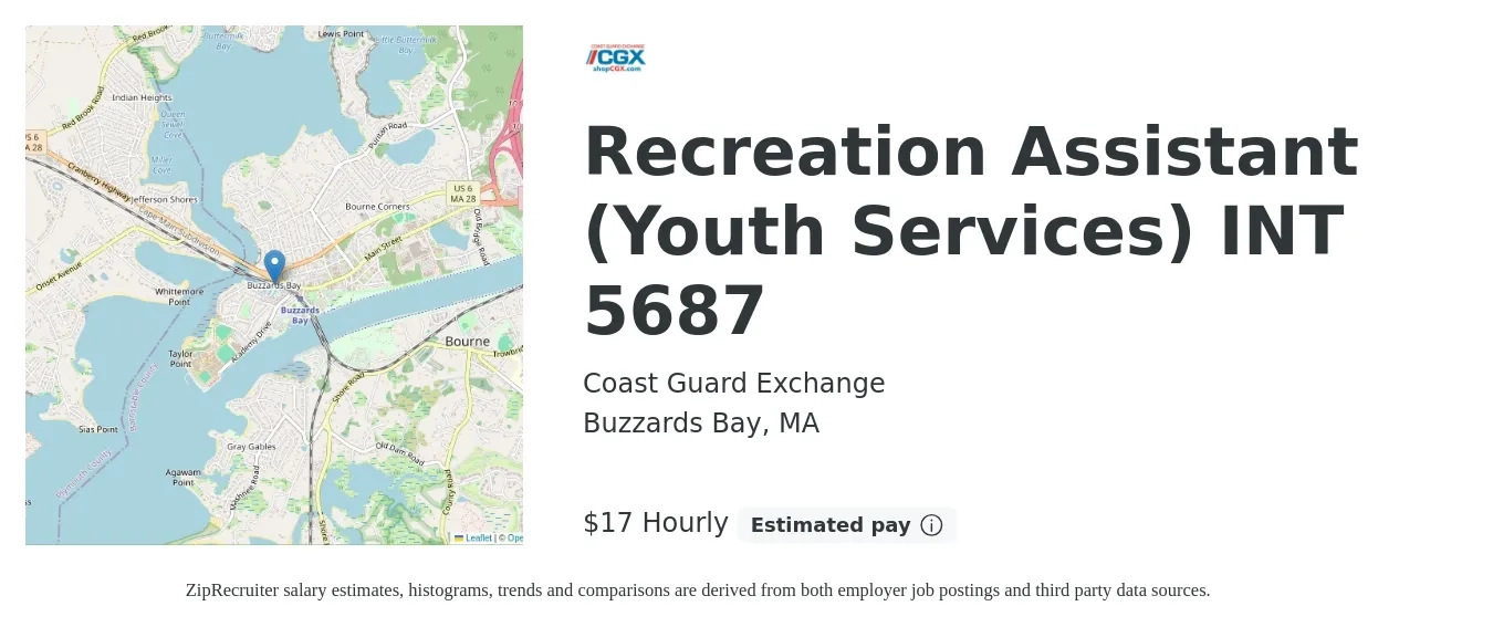 Coast Guard Exchange job posting for a Recreation Assistant (Youth Services) INT 5687 in Buzzards Bay, MA with a salary of $18 Hourly with a map of Buzzards Bay location.