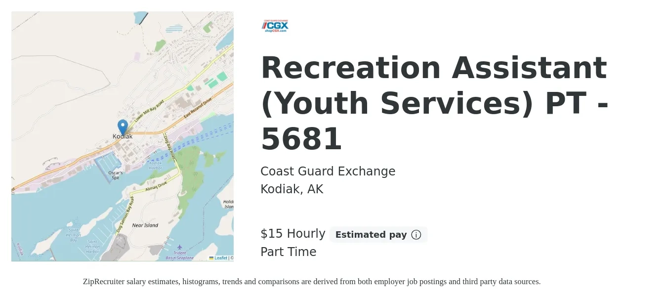 Coast Guard Exchange job posting for a Recreation Assistant (Youth Services) PT - 5681 in Kodiak, AK with a salary of $16 Hourly with a map of Kodiak location.