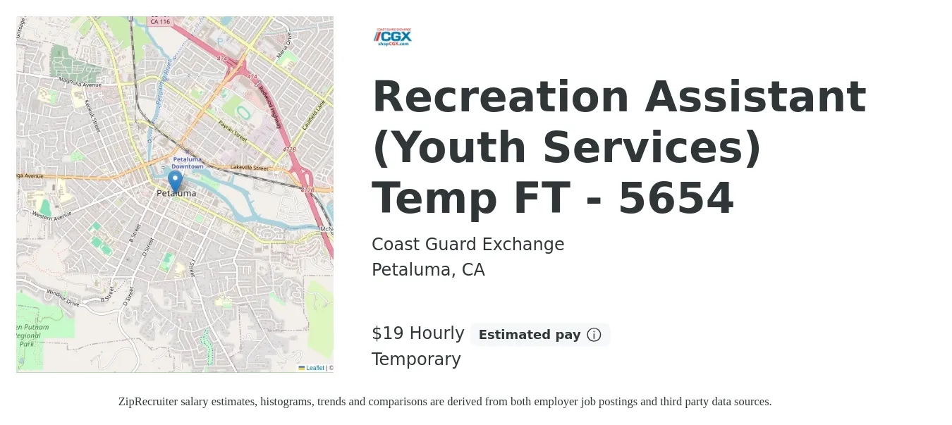 Coast Guard Exchange job posting for a Recreation Assistant (Youth Services) Temp FT - 5654 in Petaluma, CA with a salary of $21 Hourly with a map of Petaluma location.